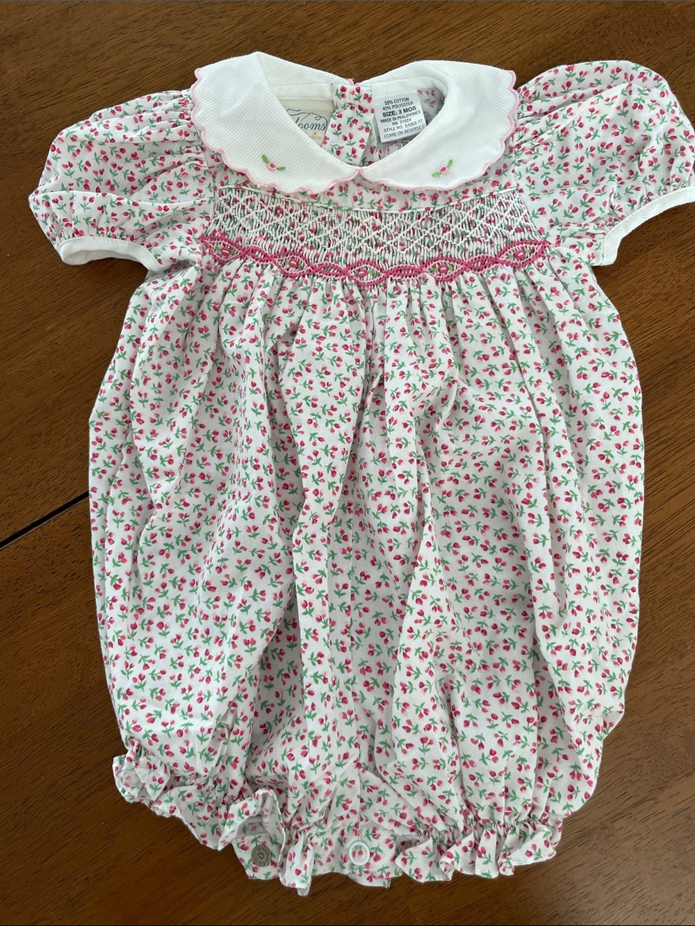 Vintage Polly Flinders Hand-Smocked Pink Floral One-Piece